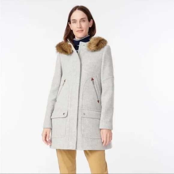 J. Crew Chateau Parka Zip Stadium Cloth Wool Coat Faux Fur Hood Gray Size 0P - Picture 1 of 13